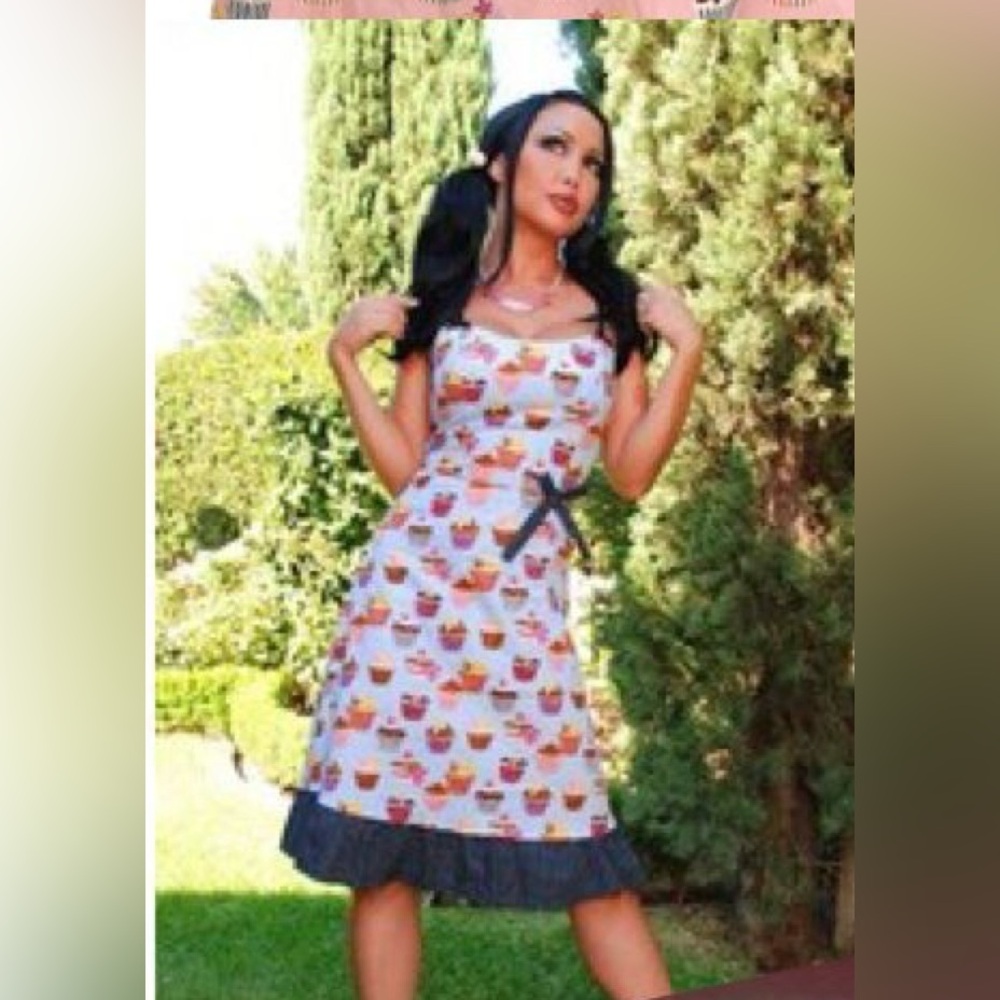 Paper Doll Cupcake Print Midi Dress with Charcoal Trim Xl